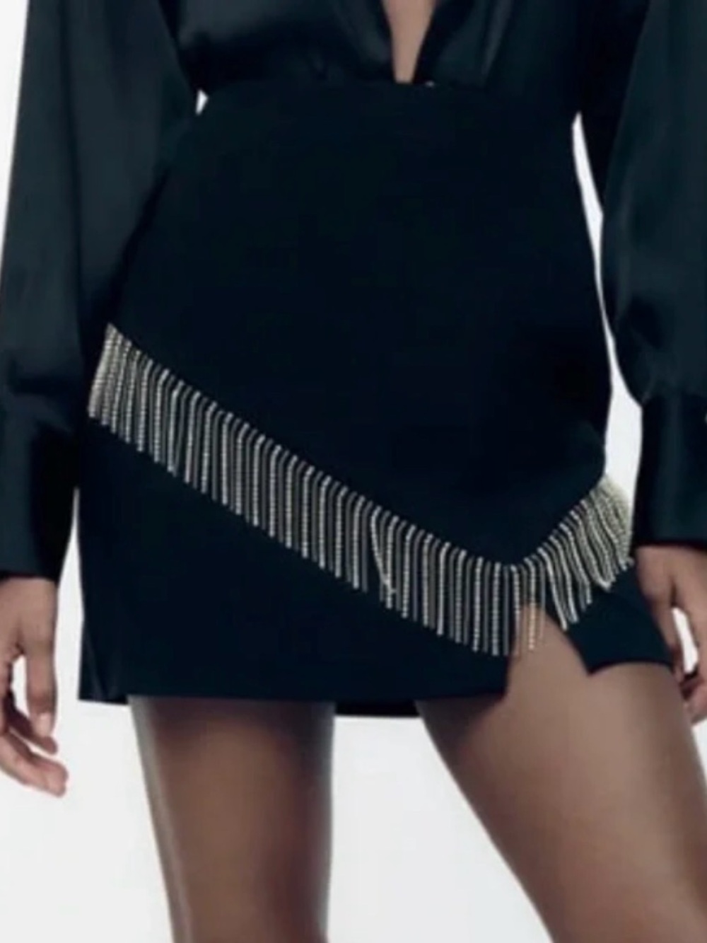 Black Mini Skirt with Silver Fringe Rhinestone Accent